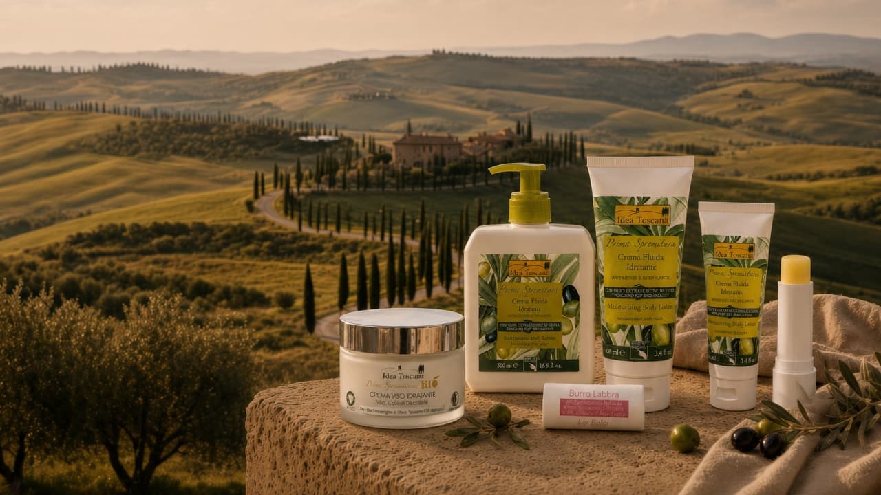 Продукты Idea Toscana на фоне тосканских холмов